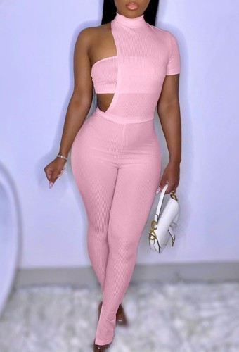 Pink Slit Bottom Sexy Irregular One Shoulder Tight Jumpsuit