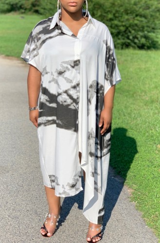 White and Black Print Loose Long Shirt Dress