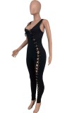 Black Lace Up Ribbed Sleeveless Sexy Tight Jumpsuit