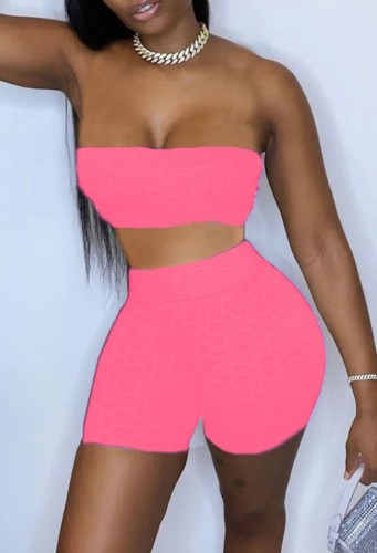 Pink Textured Sexy Bandeau Top and Biker Shorts Matching 2PCS Set