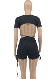 Black Drawstrings Crop Top and Shorts 2PCS Jogging Suits