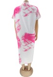 White and Pink Print Loose Long Shirt Dress