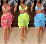 Blue Tie Dye Sexy Bra and Flounce Shorts 2PCS Outfits