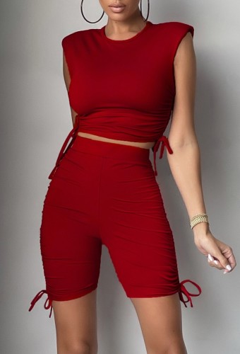 Red Drawstrings Cropped Tank Top and Shorts Two Piece Set