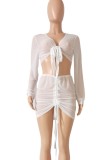 White Sexy Mesh 2PCS Crop Top and Skirt Bikini Cover Up