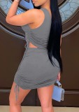 Grey Ruched Drawstrings One Shoulder Crop Top and Mini Skirt 2PCS
