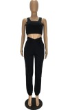 Casual Black Tank Crop Top and Casual Pants 2PCS Outfits