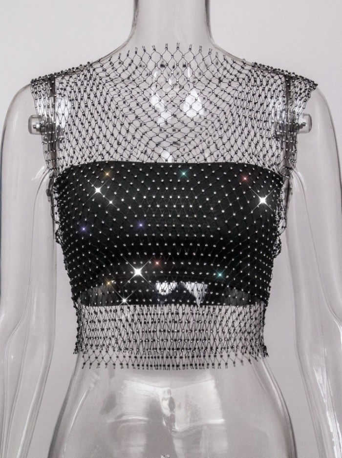 Sexy Fishnet Rhinestone Party Crop Top US$ 3.09 - www.lover-pretty.com