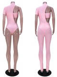 Pink Slit Bottom Sexy Irregular One Shoulder Tight Jumpsuit