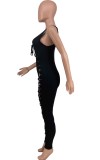 Black Lace Up Ribbed Sleeveless Sexy Tight Jumpsuit