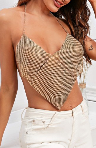 Golden Rhinestone Sexy Halter Crop Top