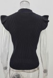 Black Knitting Sleeveless Ruffle Elegant Top