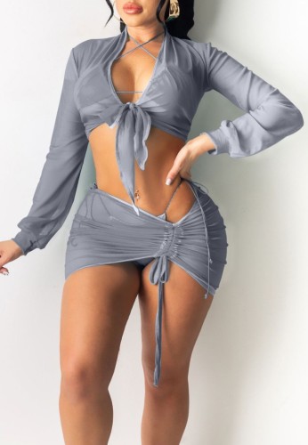 Grey Sexy Mesh 2PCS Crop Top and Skirt Bikini Cover Up