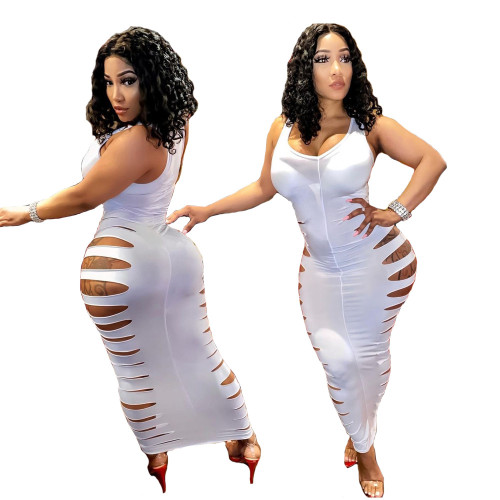 Ripped Sides Hollow-Out White Bodycon Long Tank Dress