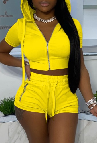 Yellow Cropped Hoodie and Shorts Sports 2PCS Set