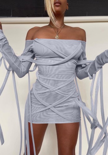 Grey Off Shoulder Long Sleeve Strings Mini Club Dress