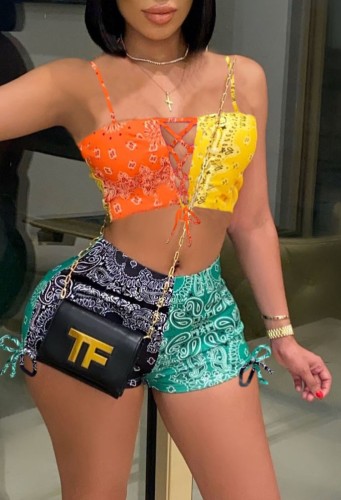 Colorful Tribal Print Lace-Up Crop Top and Shorts Two Piece Set