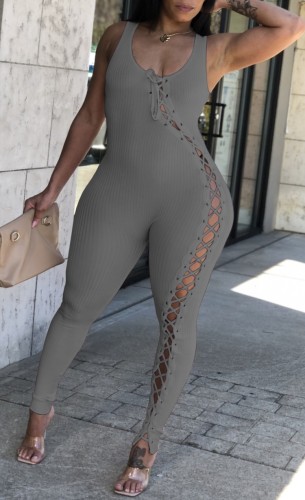 Grey Lace Up Ribbed Sleeveless Sexy Tight Jumpsuit