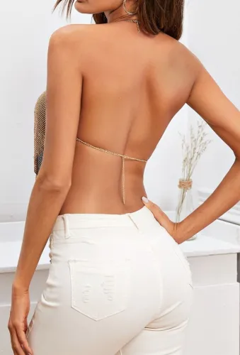 Golden Rhinestone Sexy Halter Crop Top
