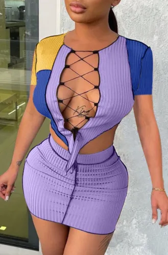 Contrast Color Lace Up Crop Top and Mini Skirt Sexy Ribbed Outfits
