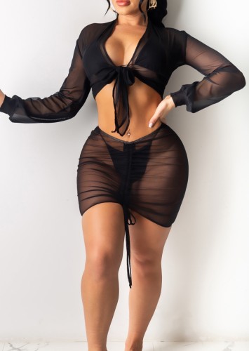 Black Sexy Mesh 2PCS Crop Top and Skirt Bikini Cover Up