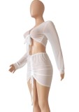 White Sexy Mesh 2PCS Crop Top and Skirt Bikini Cover Up
