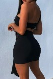 Black One Shoulder Bra Top and Ruched Mini Skirt Set