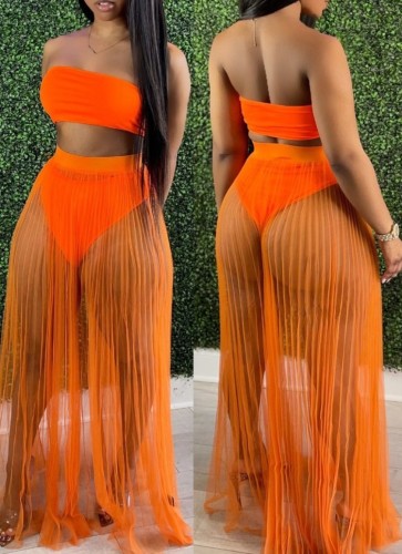Orange Bandeau Top & High Waist Mesh Skirt 2PCS Set
