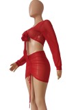 Red Sexy Mesh 2PCS Crop Top and Skirt Bikini Cover Up