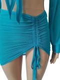 Blue Sexy Mesh 2PCS Crop Top and Skirt Bikini Cover Up