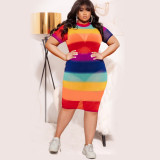 Plus Size See Through O-Neck Colorful Striped Sexy Dress