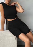 Black Drawstrings Cropped Tank Top and Shorts Two Piece Set