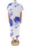 White and Blue Print Loose Long Shirt Dress