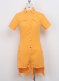 Casual Orange Button Up Short Sleeve High Low Denim Rompers