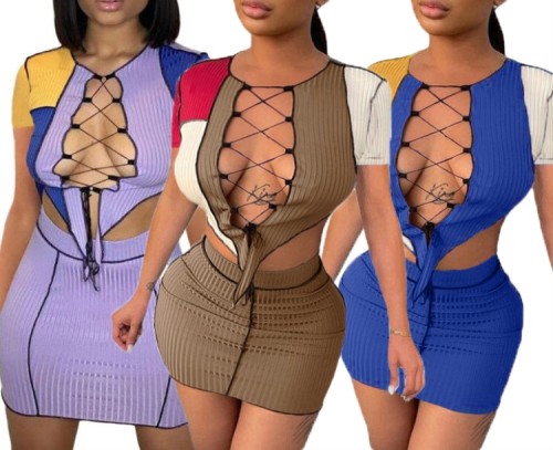 Contrast Color Lace Up Crop Top and Mini Skirt Sexy Ribbed Outfits