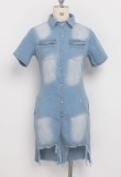 Casual Blue Button Up Short Sleeve High Low Denim Rompers