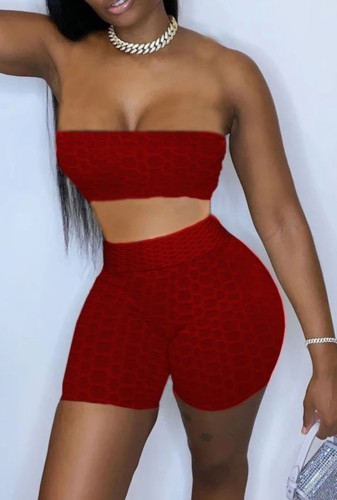 Red Textured Sexy Bandeau Top and Biker Shorts Matching 2PCS Set