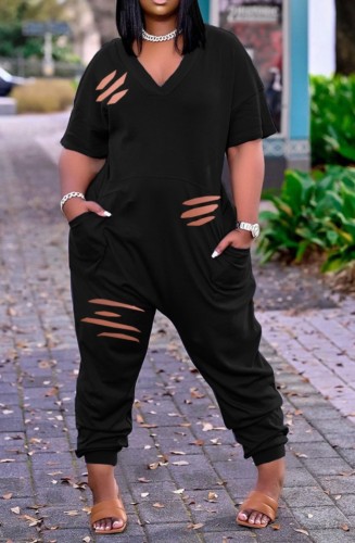 Black V-Neck Casual Ripped Loose Jumpsuit