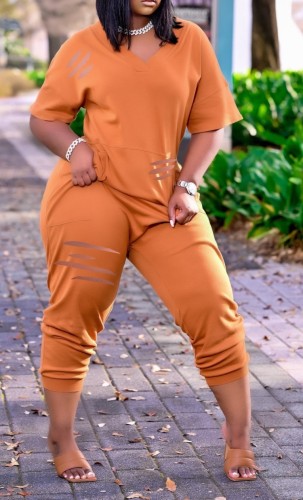 Orange V-Neck Casual Ripped Loose Jumpsuit