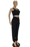 Casual Black Tank Crop Top and Casual Pants 2PCS Outfits