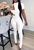 White Slit Bottom Sexy Irregular One Shoulder Tight Jumpsuit