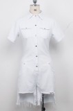 Casual White Button Up Short Sleeve High Low Denim Rompers
