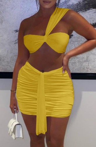 Yellow One Shoulder Bra Top and Ruched Mini Skirt Set