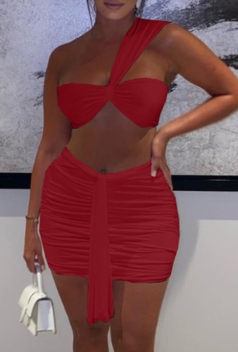 Red One Shoulder Bra Top and Ruched Mini Skirt Set