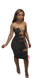 Black Lace Up Hollow Out Halter Sexy Club Dress