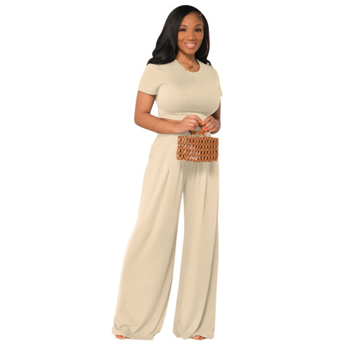 Cream Solid Crop Top and Wide Leg Pants Two Piece Matching Set