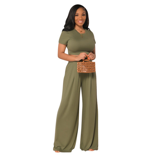 Green Crop Top and Wide Leg Pants Two Piece Matching Set