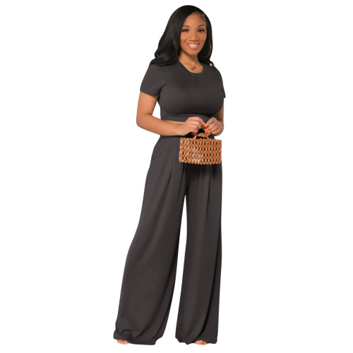 Black Solid Crop Top and Wide Leg Pants Two Piece Matching Set