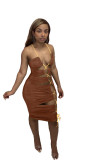 Coffee Lace Up Hollow Out Halter Sexy Club Dress