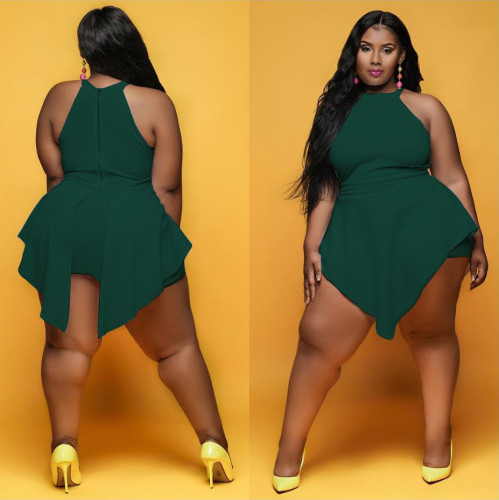 Plus Size Green Zipper Back Sexy Sleeveless Rompers